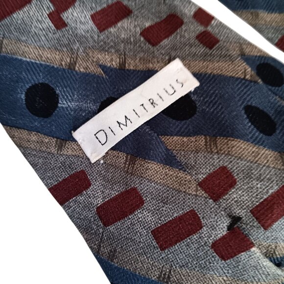 Vintage Dimitrius 100% Silk Mens Tie With Geometric Red & Blue Pattern - Picture 3 of 4